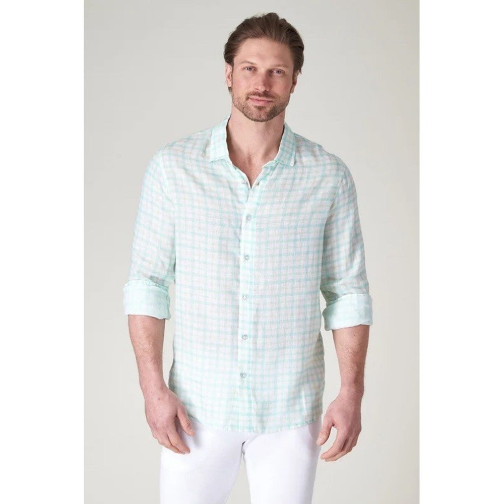 Raffi 100% Linen Button Down Shirt Large Old Money Resort Spearmint Green Plaid